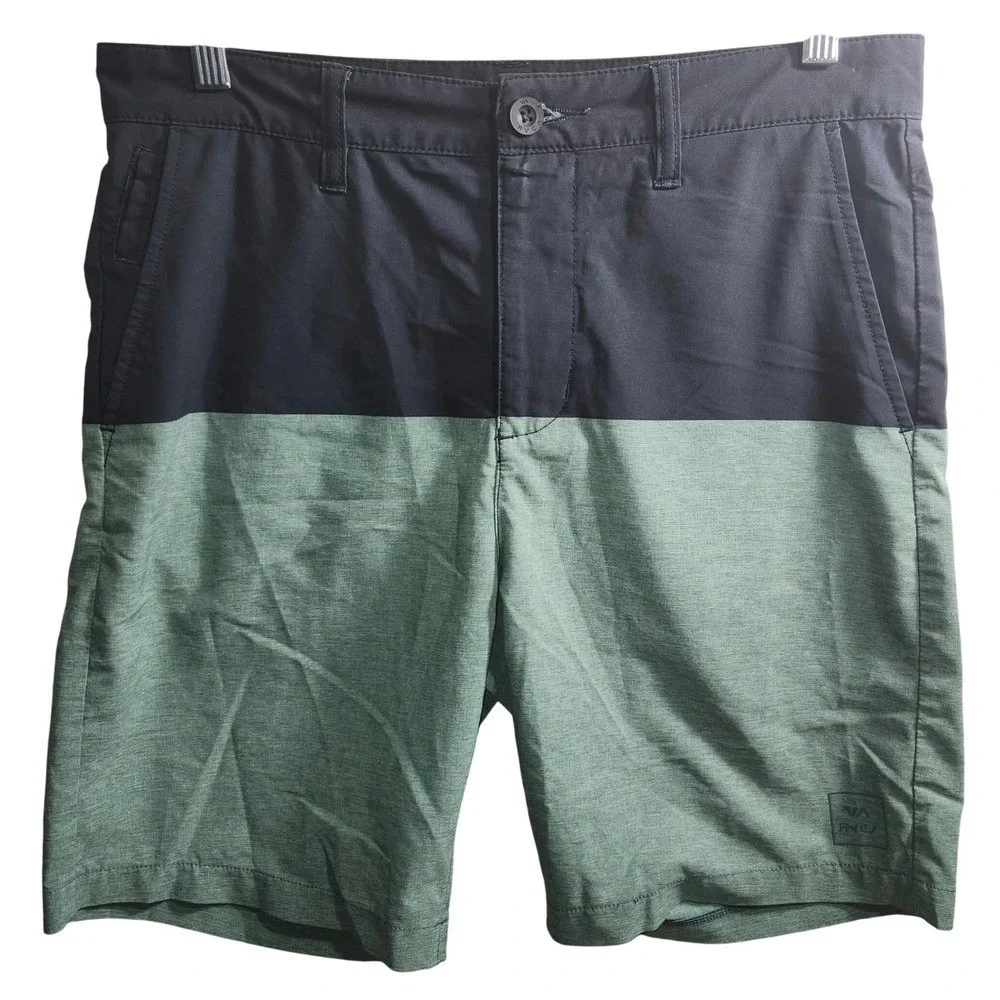 RVCA Boys Hybrid Shorts Size 30 Colorblock Black Green 4-Way Performance Stretch